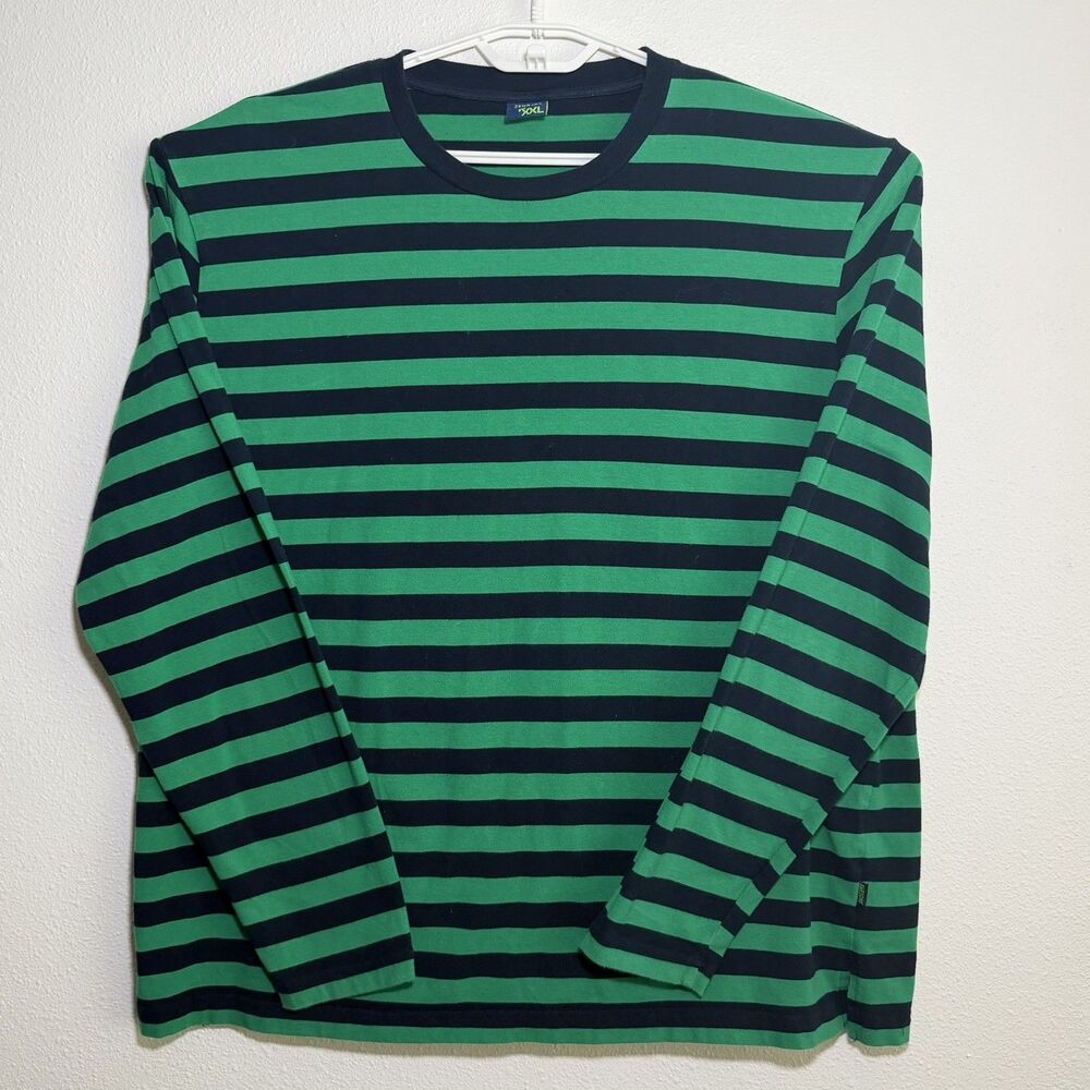 Zengjo Mens XXL Blue Green Striped Long Sleeve Shirt Casual Soft Stretch Top